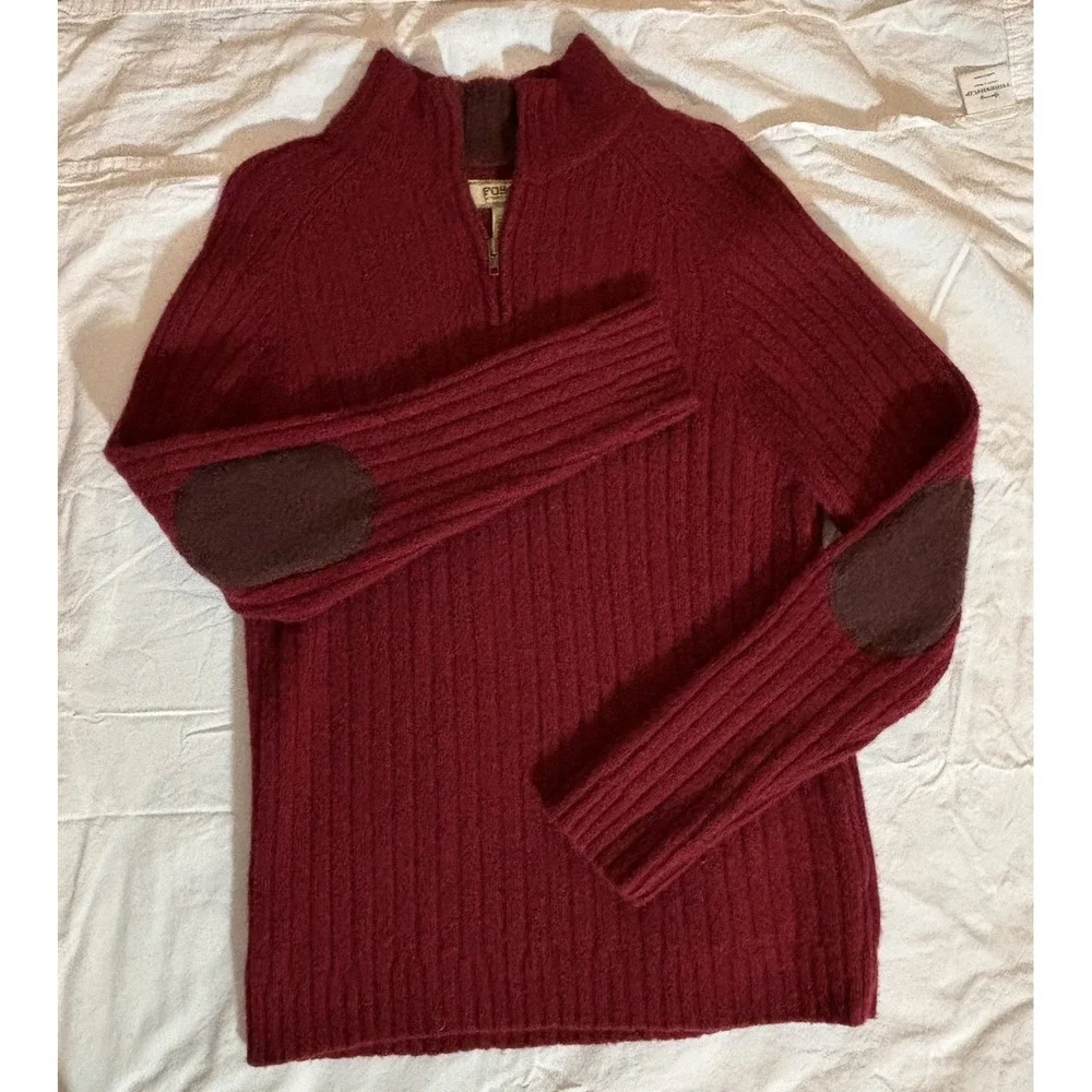 VTG‎ Fossil 1/4 zip ribbed pullover Ribbed Elbow Patch Wool Blend Mens Sz L Red